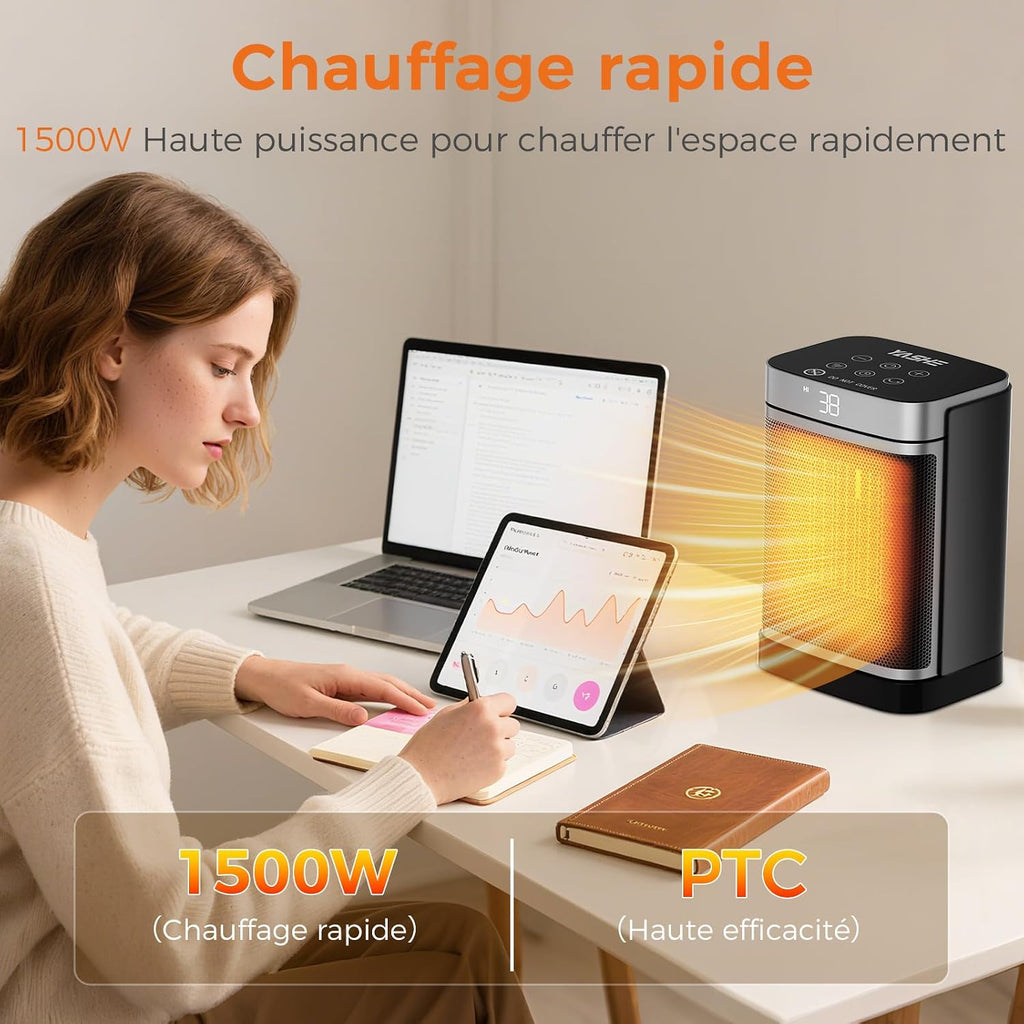 Chauffage D'Appoint Électrique, Céramique PTC 1500W, Télécommande, Sécurité Enfant, Protection Anti-Basculement Et anti Surchauffe, Minuterie 1-24 H, Mode ECO, Rectangle
