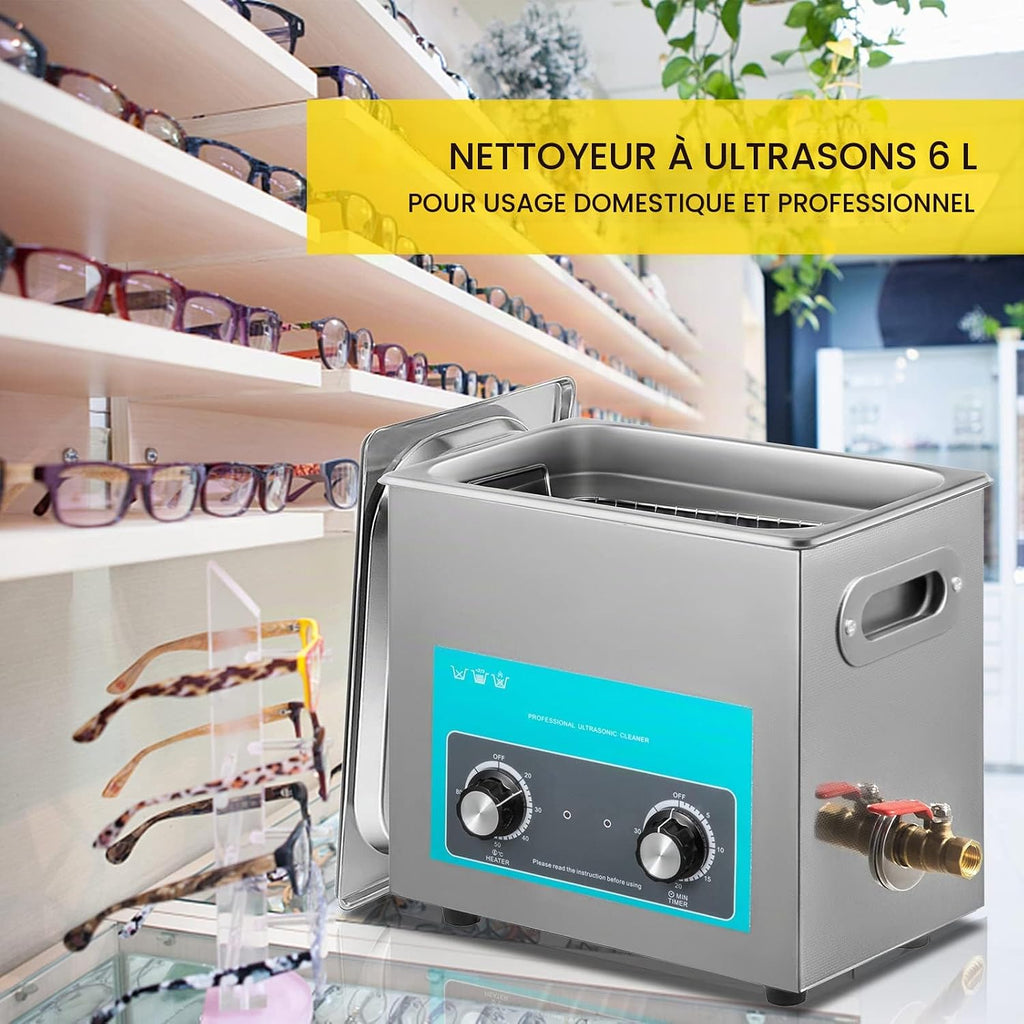 Nettoyeur À Ultrasons Professionnel 6 L, Bac Ultrasons Avec Chauffage, Minuterie Et Bouton De Commande, Appareil De Nettoyage Ultrasonique En Acier Inoxydable, Pour Bijoux Lunettes Montres