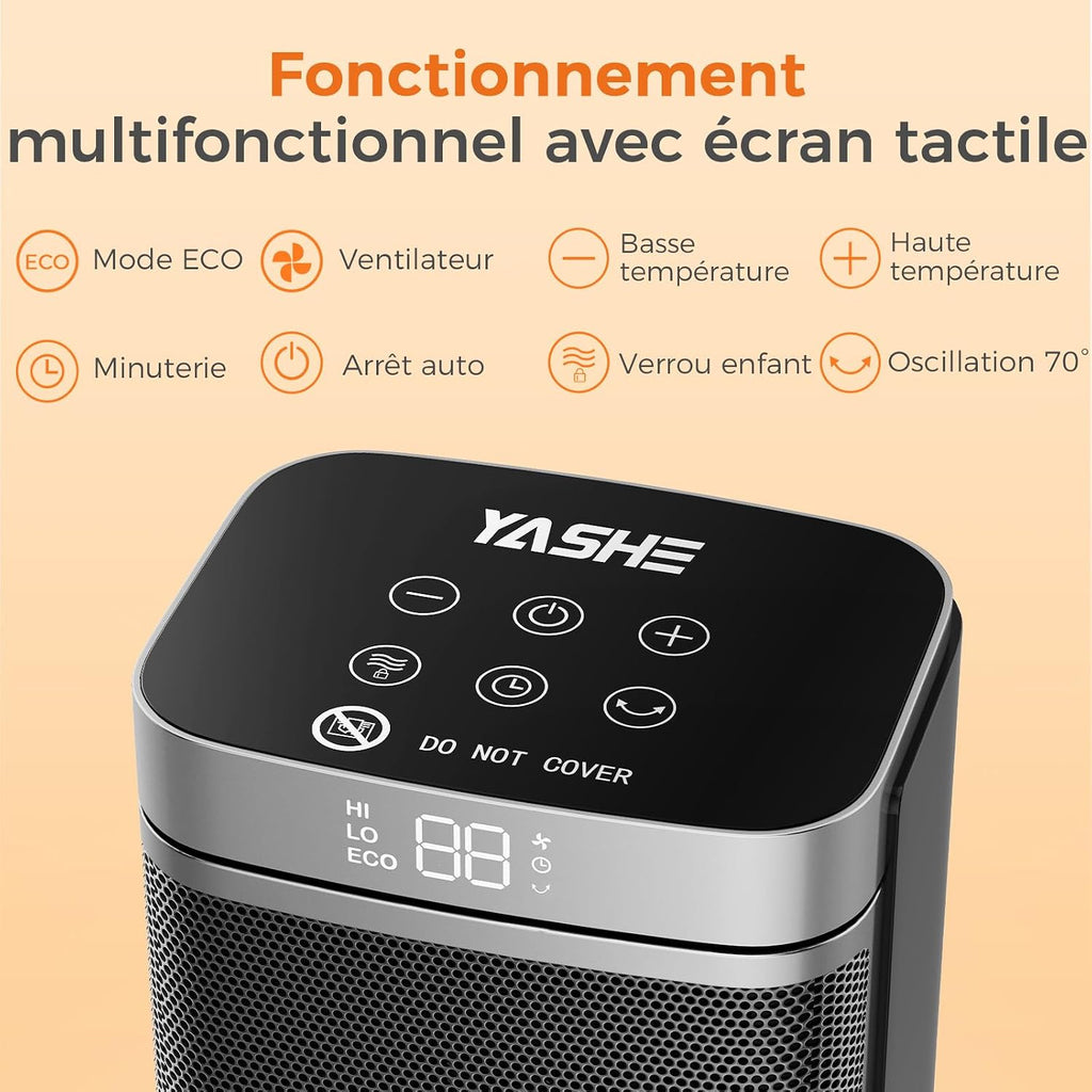 Chauffage D'Appoint Électrique, Céramique PTC 1500W, Télécommande, Sécurité Enfant, Protection Anti-Basculement Et anti Surchauffe, Minuterie 1-24 H, Mode ECO, Rectangle