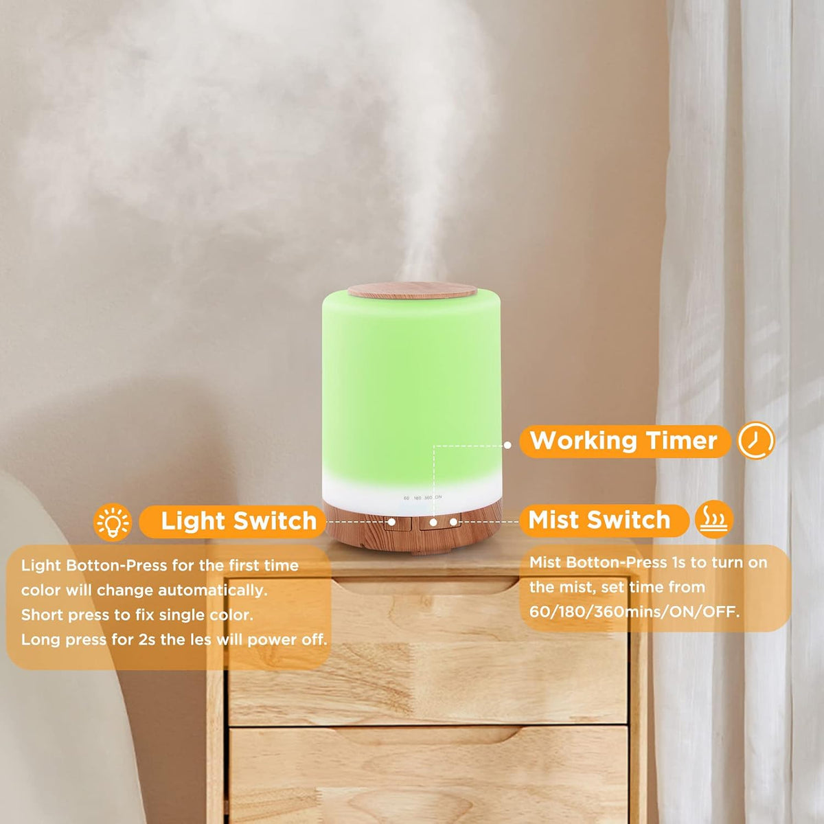 300ML Diffuseur Huiles Essentielles, Humidificateur D'Air Chambre Arrêt Automatique / 3 Réglages De Minuterie, Pour La Maison, Yoga, Bureau, Spa, Chambre, Grain De Bois Clair