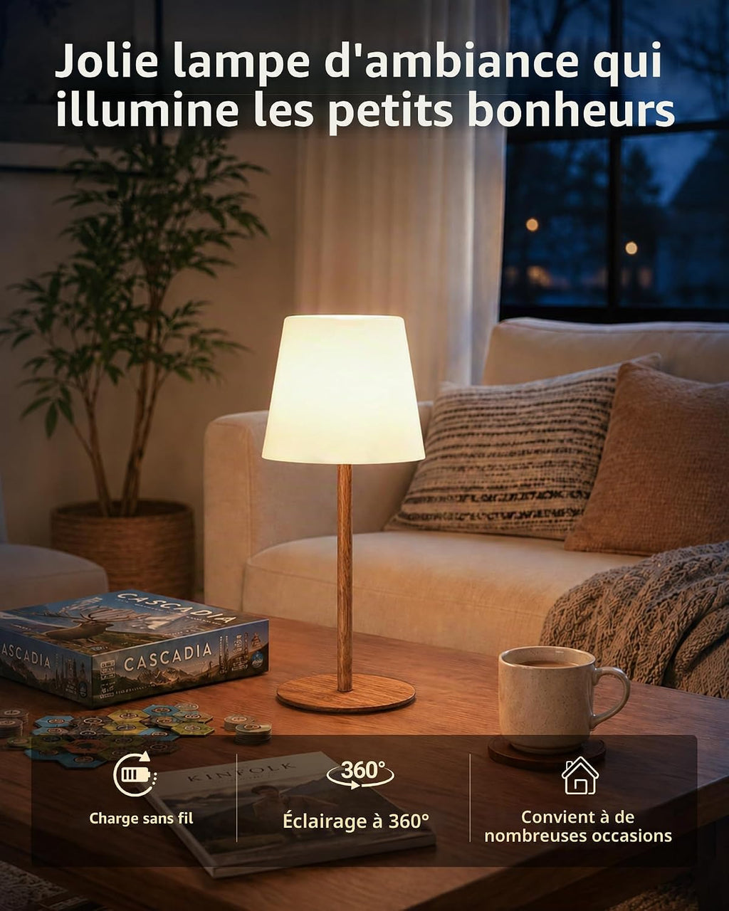 Lampe De Chevet Sans Fil Tactile, Lampe De Table LED Rechargeable USB-C Avec Batterie 4500Mah, Dimmable 3 Couleurs, Lampe Portable Pour Chambre, Salon, Extérieur (Couleur Noyer 1 Pièce)