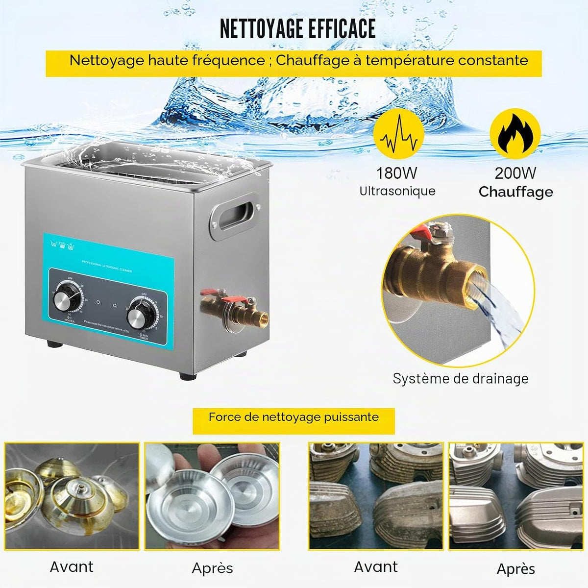 Nettoyeur À Ultrasons Professionnel 6 L, Bac Ultrasons Avec Chauffage, Minuterie Et Bouton De Commande, Appareil De Nettoyage Ultrasonique En Acier Inoxydable, Pour Bijoux Lunettes Montres