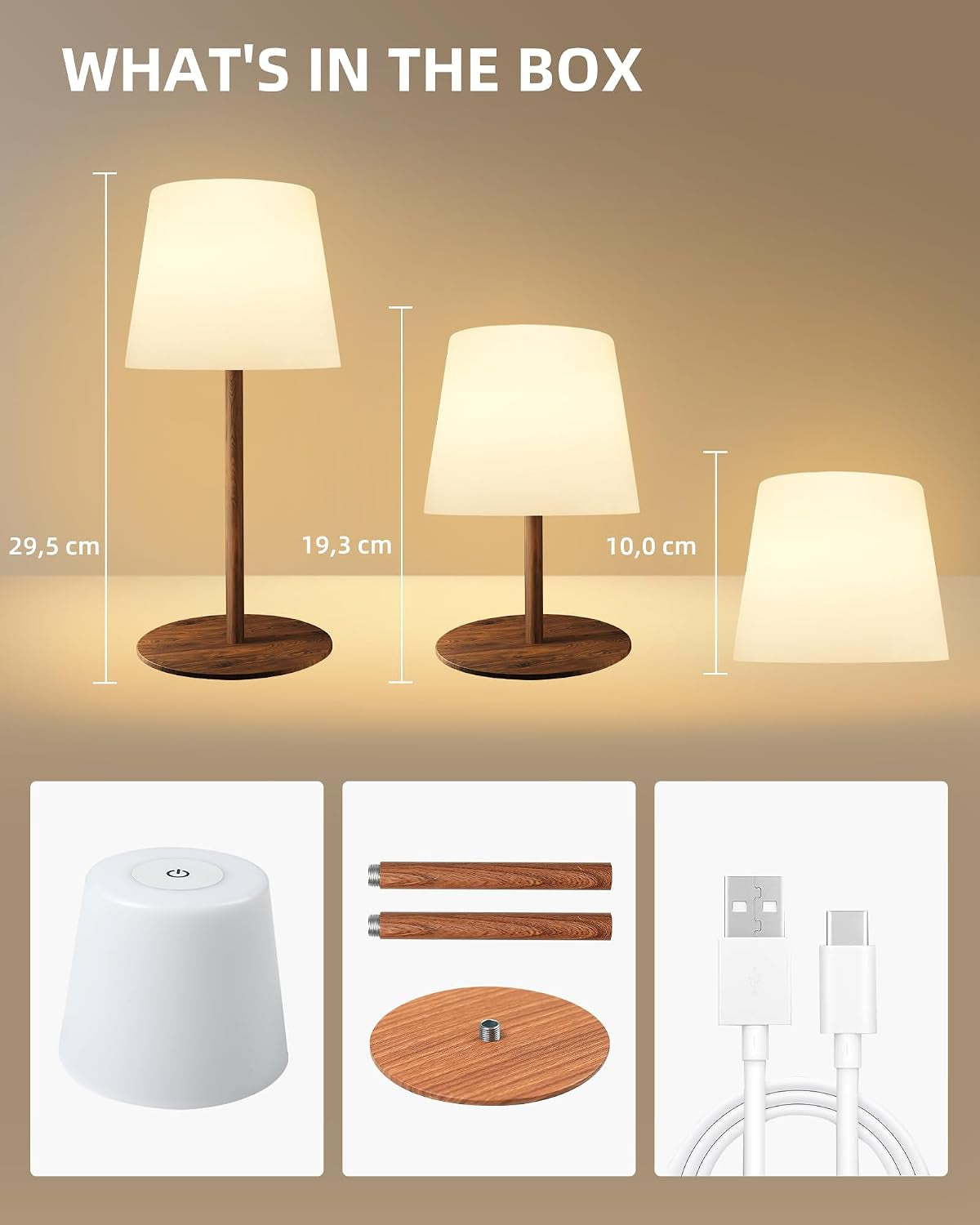 Lampe De Chevet Sans Fil Tactile, Lampe De Table LED Rechargeable USB-C Avec Batterie 4500Mah, Dimmable 3 Couleurs, Lampe Portable Pour Chambre, Salon, Extérieur (Couleur Noyer 1 Pièce)