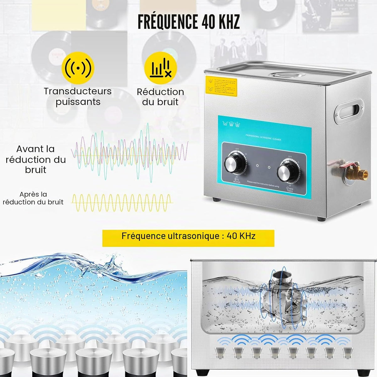 Nettoyeur À Ultrasons Professionnel 6 L, Bac Ultrasons Avec Chauffage, Minuterie Et Bouton De Commande, Appareil De Nettoyage Ultrasonique En Acier Inoxydable, Pour Bijoux Lunettes Montres