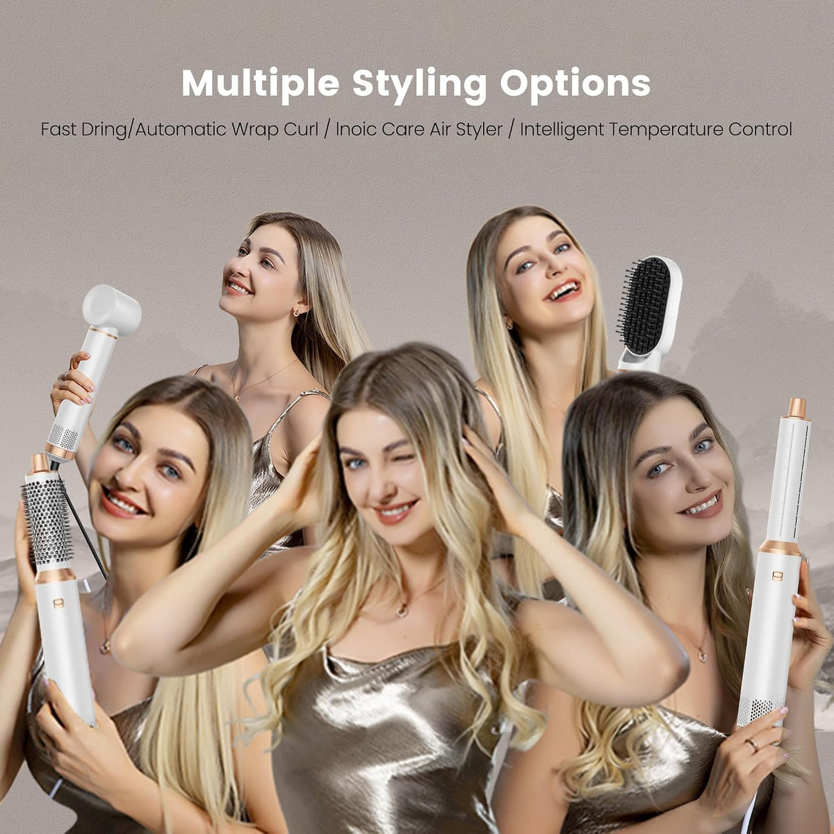 Airbrush 5 En 1 Seche Cheveux 5 En 1, Brosse Soufflante 5 En 1 Avec Seche Cheveux Boucleur, Brosse Souflante, Thermal Brush, Air Styler 5 En 1 Pour Sécher, Boucler, Lisser, Cadeau Noel Femme