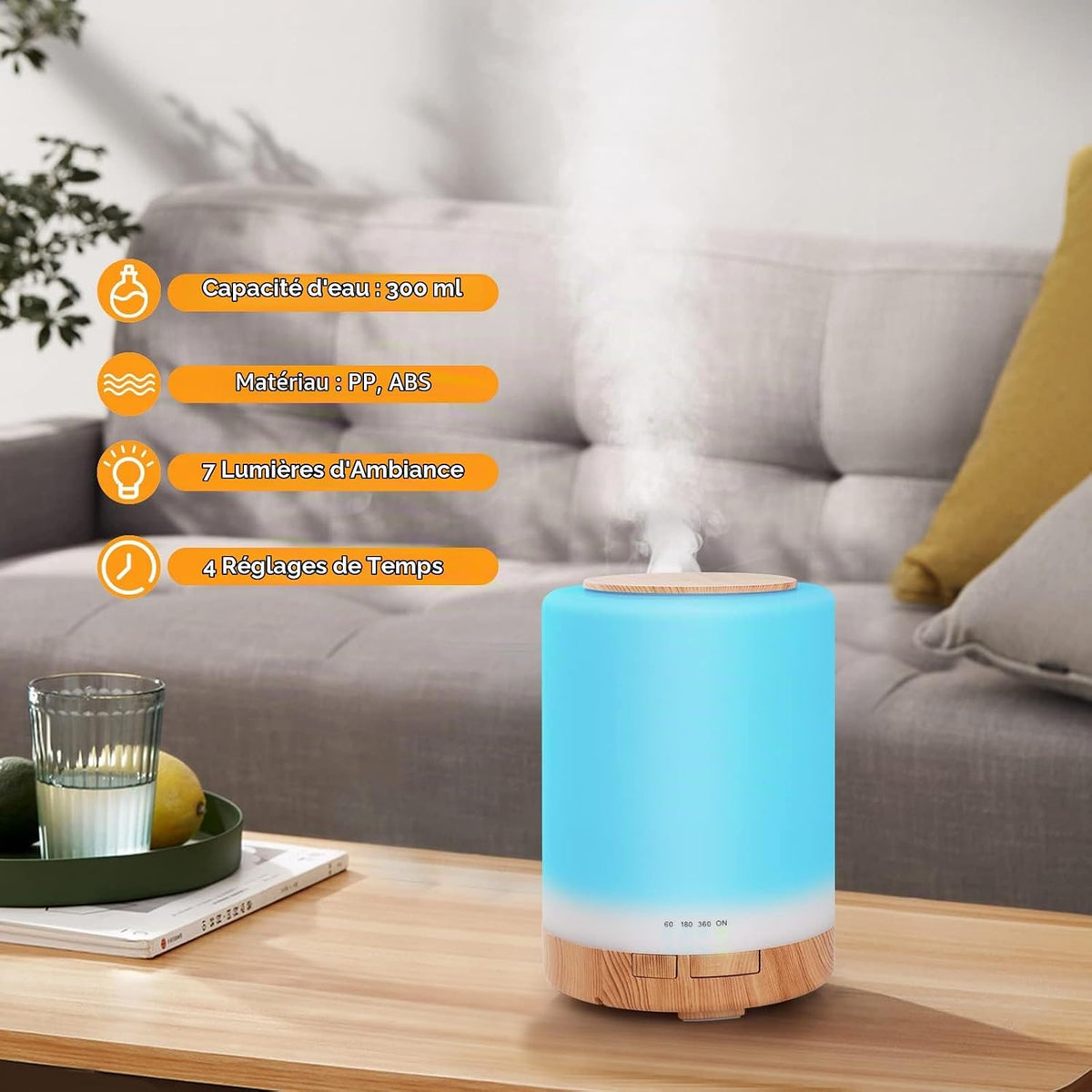 300ML Diffuseur Huiles Essentielles, Humidificateur D'Air Chambre Arrêt Automatique / 3 Réglages De Minuterie, Pour La Maison, Yoga, Bureau, Spa, Chambre, Grain De Bois Clair