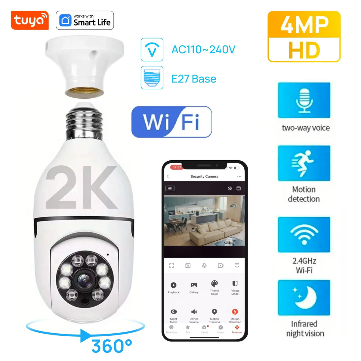 Caméra De Surveillance Wifi Ampoule E27 – Vision Nocturne & Audio