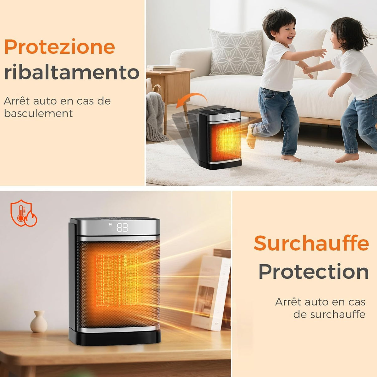 Chauffage D'Appoint Électrique, Céramique PTC 1500W, Télécommande, Sécurité Enfant, Protection Anti-Basculement Et anti Surchauffe, Minuterie 1-24 H, Mode ECO, Rectangle