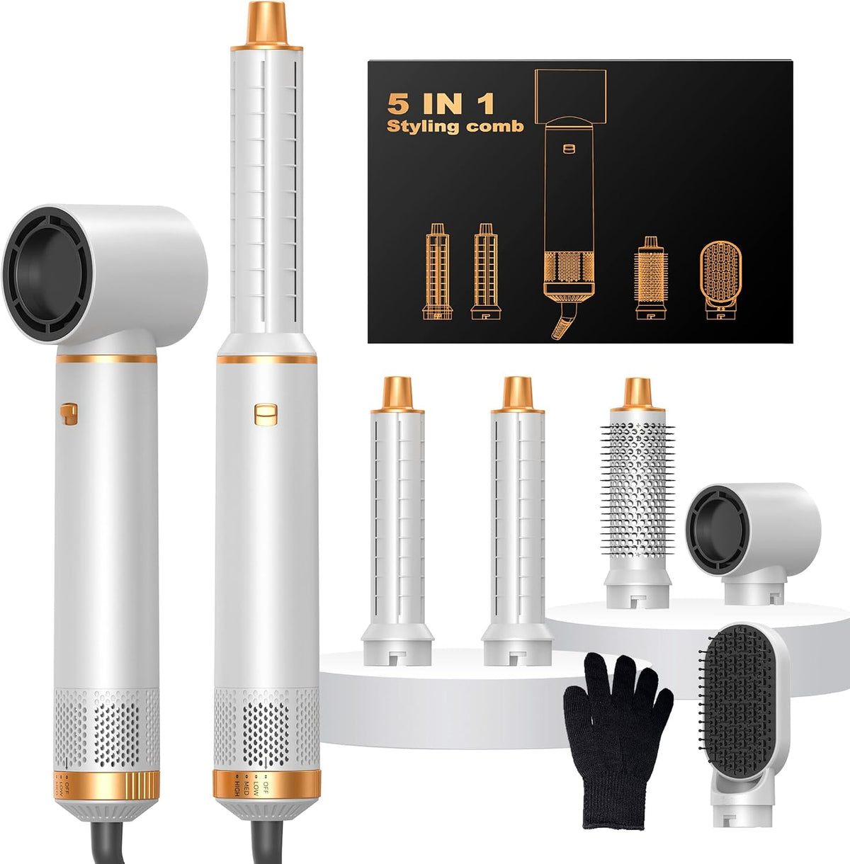 Airbrush 5 En 1 Seche Cheveux 5 En 1, Brosse Soufflante 5 En 1 Avec Seche Cheveux Boucleur, Brosse Souflante, Thermal Brush, Air Styler 5 En 1 Pour Sécher, Boucler, Lisser, Cadeau Noel Femme