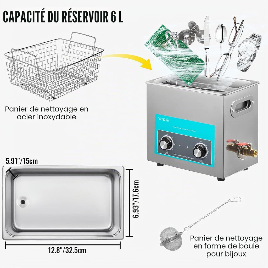 Nettoyeur À Ultrasons Professionnel 6 L, Bac Ultrasons Avec Chauffage, Minuterie Et Bouton De Commande, Appareil De Nettoyage Ultrasonique En Acier Inoxydable, Pour Bijoux Lunettes Montres