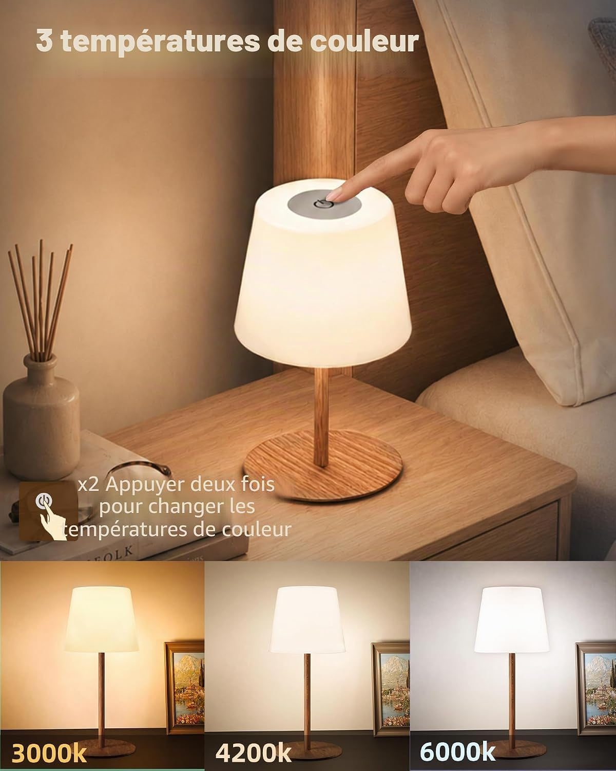 Lampe De Chevet Sans Fil Tactile, Lampe De Table LED Rechargeable USB-C Avec Batterie 4500Mah, Dimmable 3 Couleurs, Lampe Portable Pour Chambre, Salon, Extérieur (Couleur Noyer 1 Pièce)