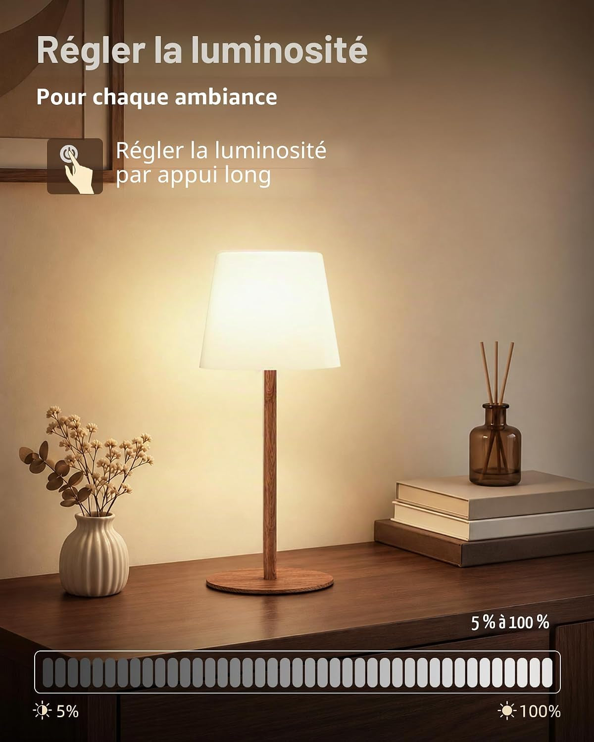 Lampe De Chevet Sans Fil Tactile, Lampe De Table LED Rechargeable USB-C Avec Batterie 4500Mah, Dimmable 3 Couleurs, Lampe Portable Pour Chambre, Salon, Extérieur (Couleur Noyer 1 Pièce)