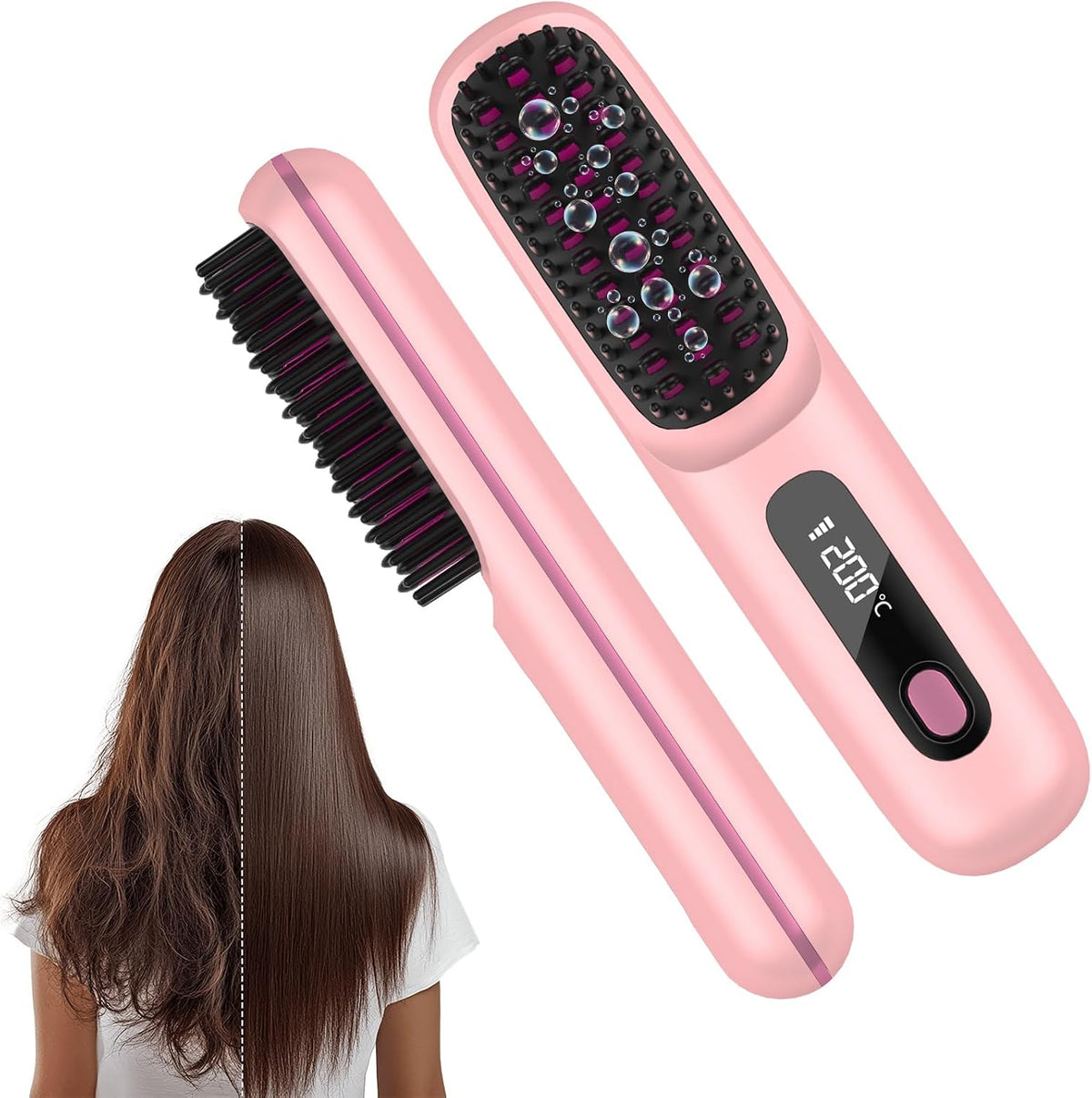Go Brush Pro Brosse Lissante Pour Cheveux Chauffante,Brosse Lissante Sans Fil Portable Écran LED, 3 Températures Chauffe Rapide, Brosse Chauffante Cheveux Court Tous Types Cheveux Voyage (Rose)