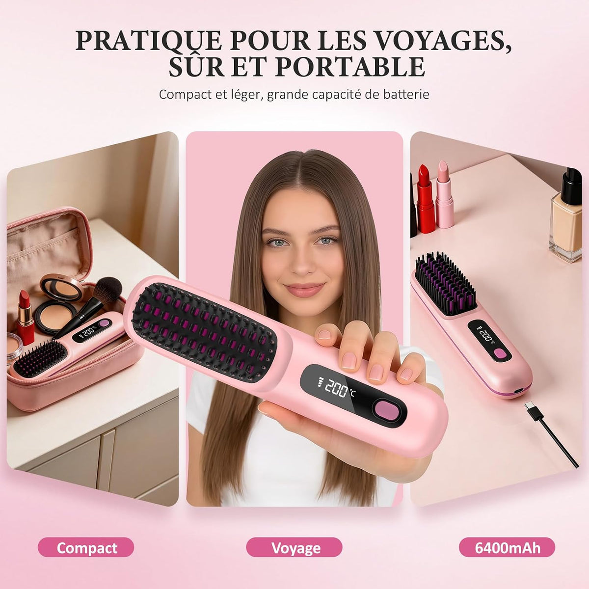 Go Brush Pro Brosse Lissante Pour Cheveux Chauffante,Brosse Lissante Sans Fil Portable Écran LED, 3 Températures Chauffe Rapide, Brosse Chauffante Cheveux Court Tous Types Cheveux Voyage (Rose)