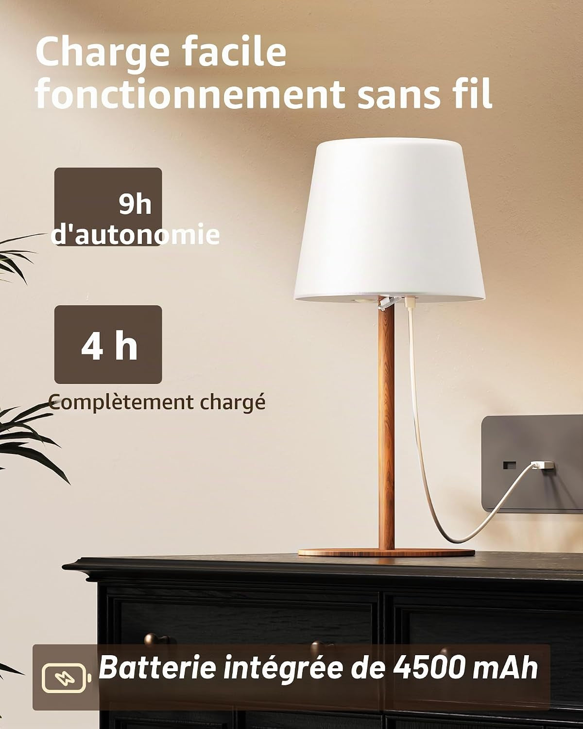 Lampe De Chevet Sans Fil Tactile, Lampe De Table LED Rechargeable USB-C Avec Batterie 4500Mah, Dimmable 3 Couleurs, Lampe Portable Pour Chambre, Salon, Extérieur (Couleur Noyer 1 Pièce)