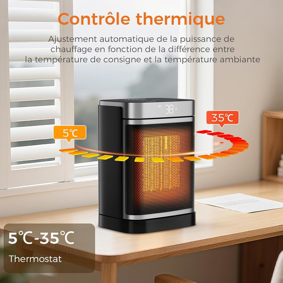 Chauffage D'Appoint Électrique, Céramique PTC 1500W, Télécommande, Sécurité Enfant, Protection Anti-Basculement Et anti Surchauffe, Minuterie 1-24 H, Mode ECO, Rectangle