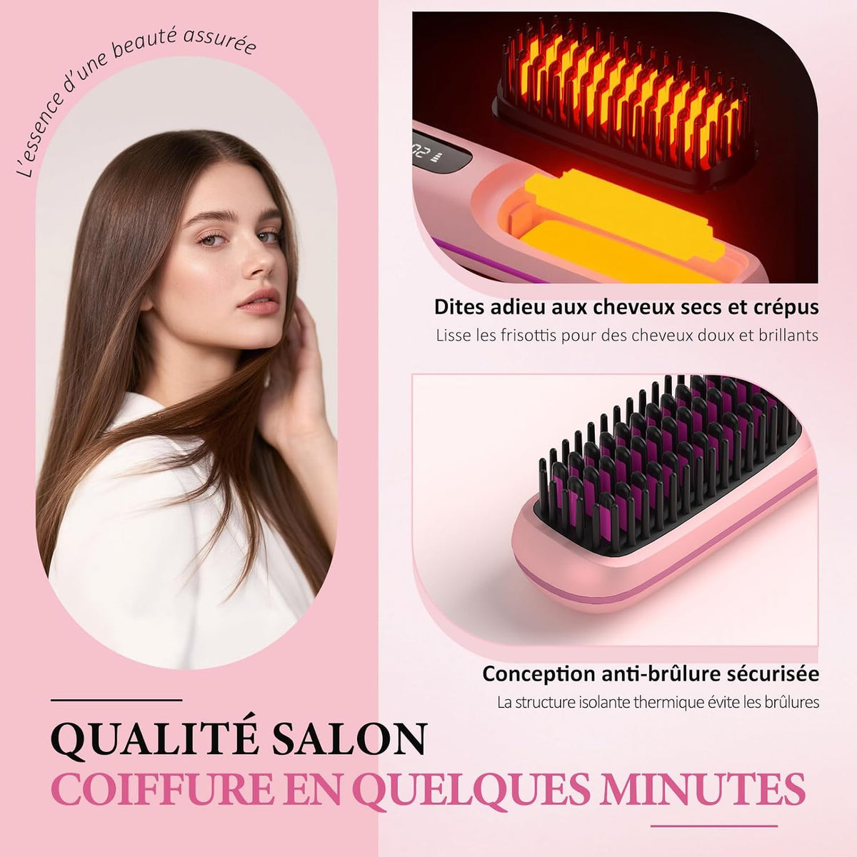 Go Brush Pro Brosse Lissante Pour Cheveux Chauffante,Brosse Lissante Sans Fil Portable Écran LED, 3 Températures Chauffe Rapide, Brosse Chauffante Cheveux Court Tous Types Cheveux Voyage (Rose)