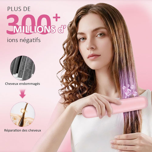 Go Brush Pro Brosse Lissante Pour Cheveux Chauffante,Brosse Lissante Sans Fil Portable Écran LED, 3 Températures Chauffe Rapide, Brosse Chauffante Cheveux Court Tous Types Cheveux Voyage (Rose)