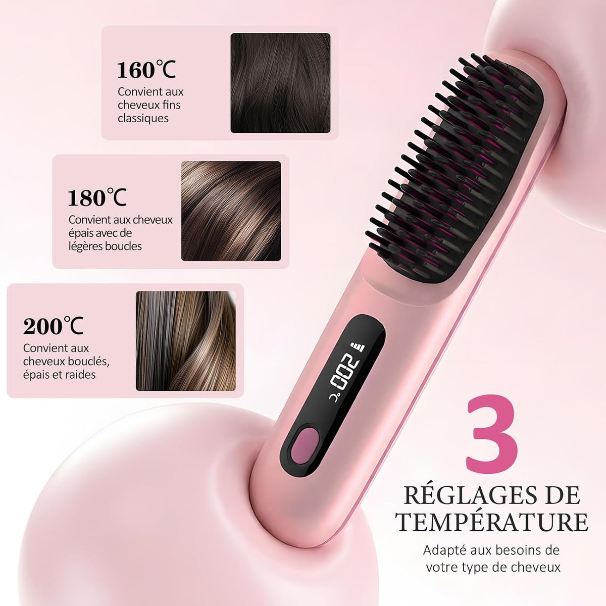 Go Brush Pro Brosse Lissante Pour Cheveux Chauffante,Brosse Lissante Sans Fil Portable Écran LED, 3 Températures Chauffe Rapide, Brosse Chauffante Cheveux Court Tous Types Cheveux Voyage (Rose)