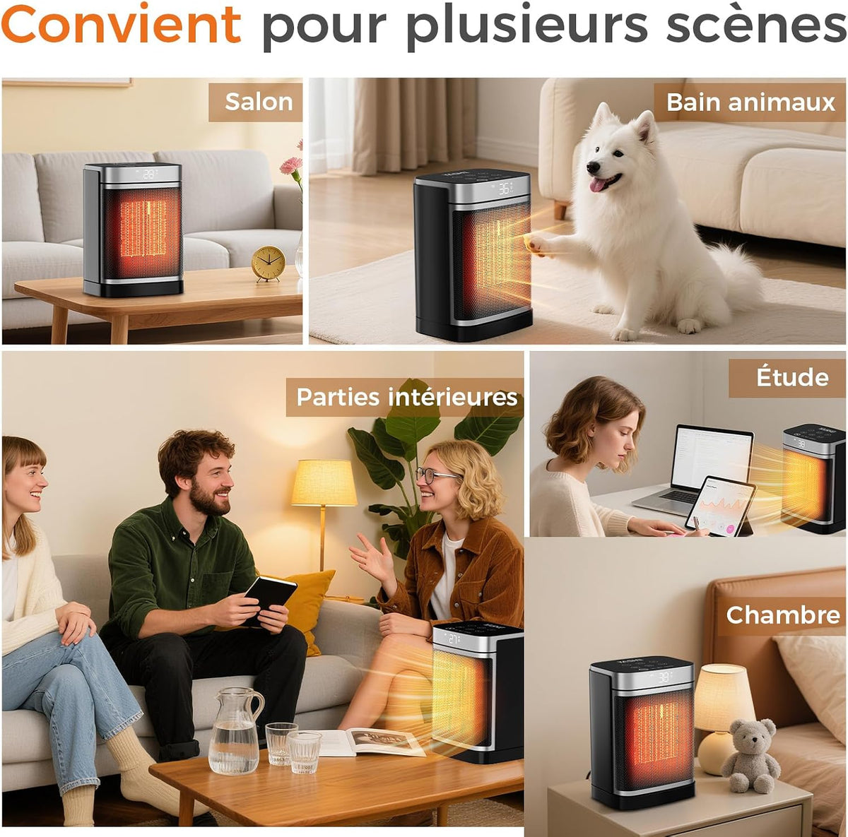 Chauffage D'Appoint Électrique, Céramique PTC 1500W, Télécommande, Sécurité Enfant, Protection Anti-Basculement Et anti Surchauffe, Minuterie 1-24 H, Mode ECO, Rectangle