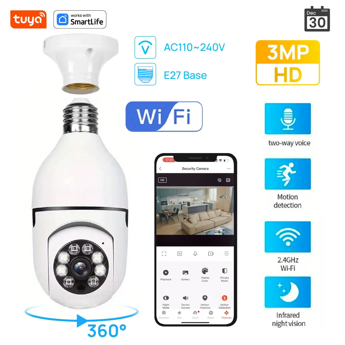 Caméra De Surveillance Wifi Ampoule E27 – Vision Nocturne & Audio