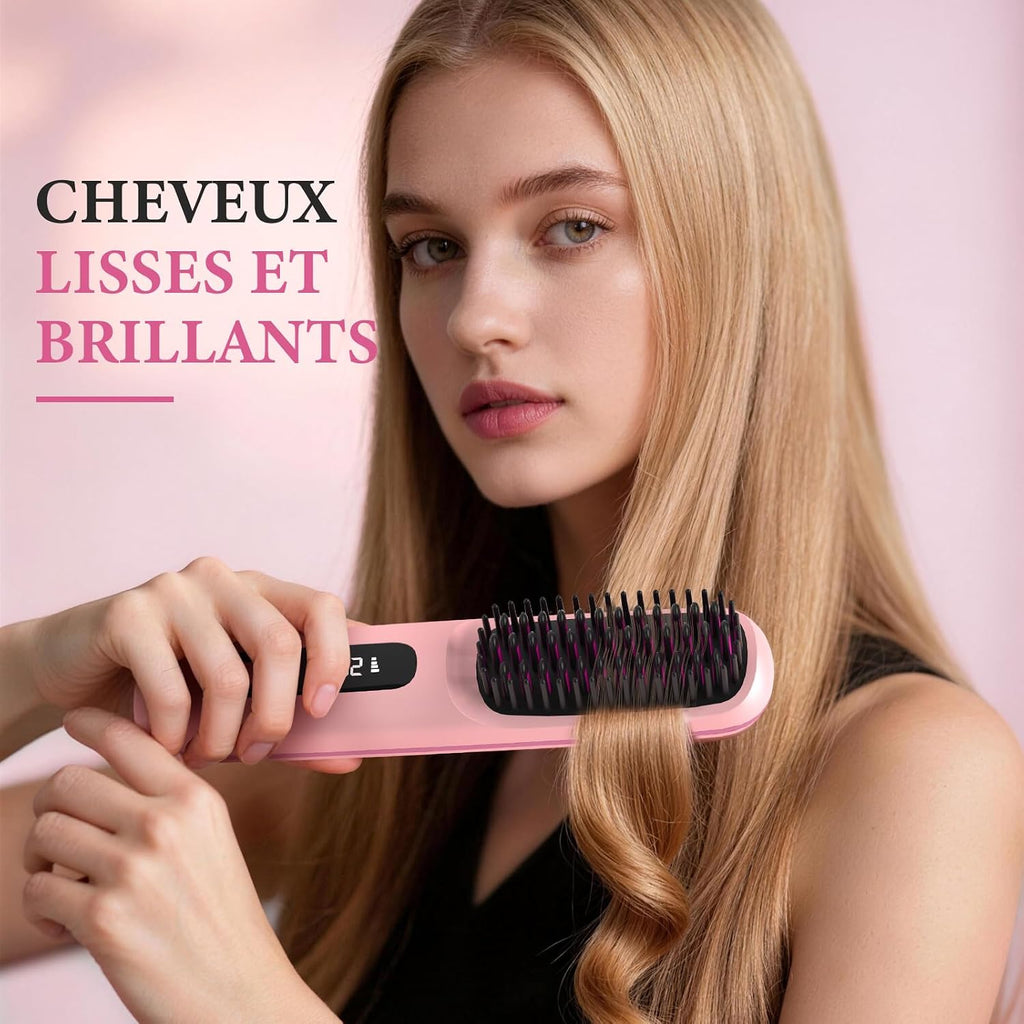 Go Brush Pro Brosse Lissante Pour Cheveux Chauffante,Brosse Lissante Sans Fil Portable Écran LED, 3 Températures Chauffe Rapide, Brosse Chauffante Cheveux Court Tous Types Cheveux Voyage (Rose)