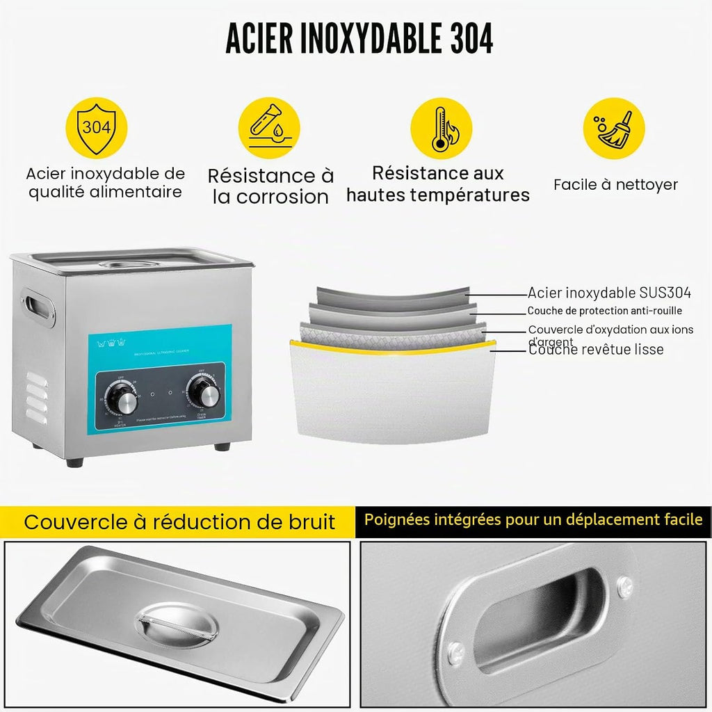 Nettoyeur À Ultrasons Professionnel 6 L, Bac Ultrasons Avec Chauffage, Minuterie Et Bouton De Commande, Appareil De Nettoyage Ultrasonique En Acier Inoxydable, Pour Bijoux Lunettes Montres